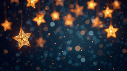 Golden stars hang on a dark background with bokeh.