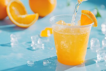 Energetic orange juice with ice cubes being poured into a plastic cup