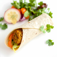 Tortilla wrap with falafel and vegetables on white background