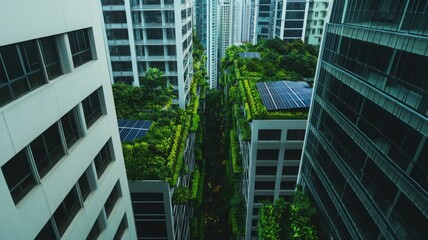 Naklejka premium Sustainable urban greenery initiative showcasing peak energy solutions in high-rise living spaces cityscape aerial perspective