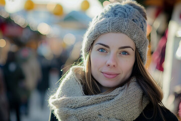 Ai generate beautiful Christmas fair and charming woman outdoors