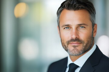Fototapeta premium Professional man in suit poses confidently with urban backdrop during a sunny day