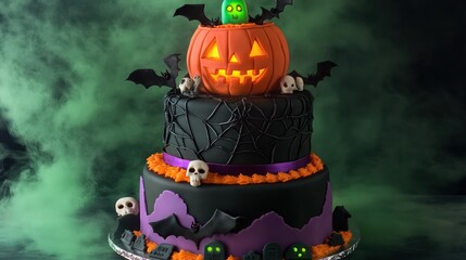 A three-tiered Halloween cake designed in shades of black, purple, and orange. 