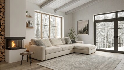 Minimalist, interior design of modern living room. Corner sofa with pillows near fireplace