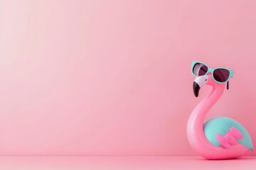 Pink flamingo pool float wearing sunglasses against a pastel pink background in summer setting