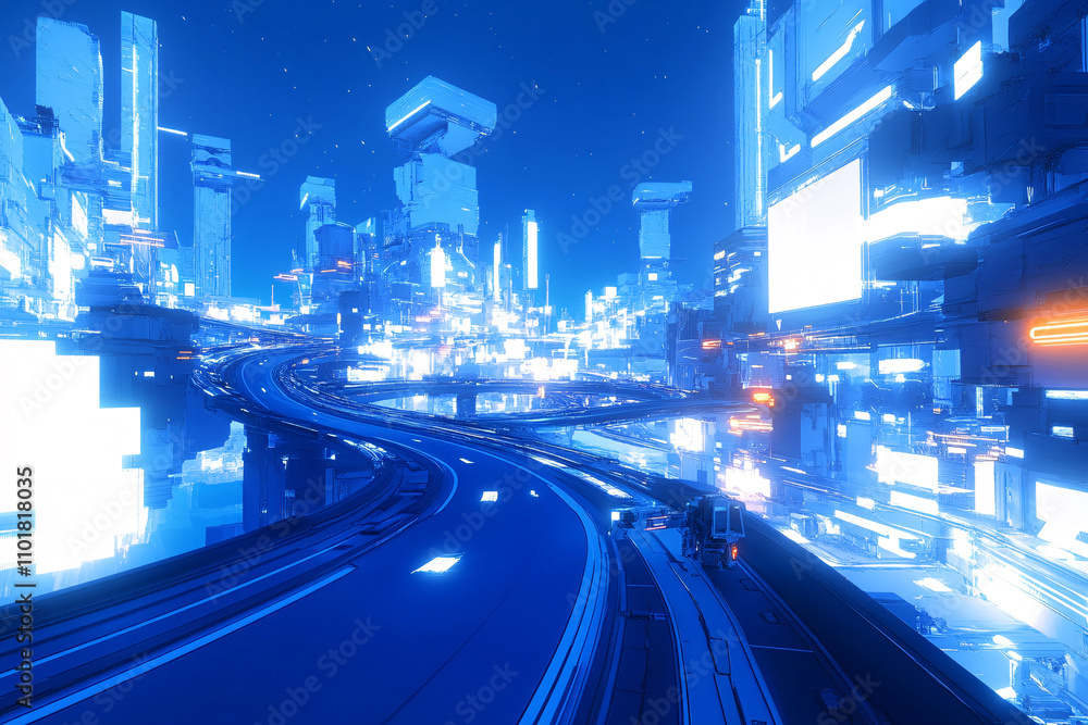 Poster a high-tech futuristic cityscape with glowing neon lights and curved highways surrounded by towering