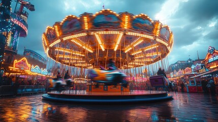 Illuminated carousel spinning at a bustling fair, wet ground reflecting lights.