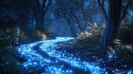 A serene, glowing river flows through a mystical forest, illuminated by blue lights.
