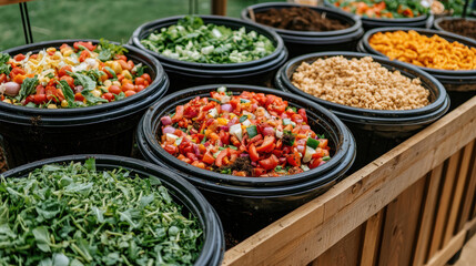 Fototapeta premium Food Waste Management Circular Economy Concept. Vibrant salad bar with fresh vegetables and toppings in rustic bowls.
