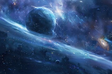 Breathtaking digital painting of a distant planet with vibrant blue hues, surrounded by swirling cosmic clouds and a sea of stars.