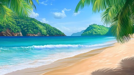 Idyllic tropical beach scene with clear turquoise water, white sand, and lush green hills under a sunny sky, framed by palm leaves.
