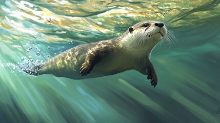 Obraz premium A river otter swimming underwater, its body streamlined and bubbles trailing behind.