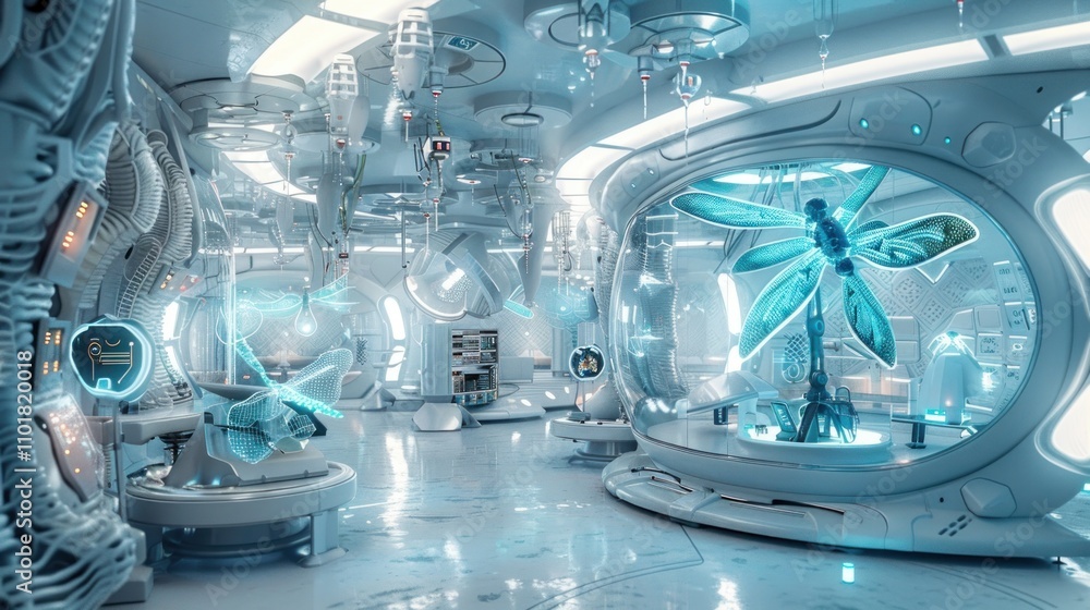 Poster a futuristic lab with translucent specimens and advanced technology in a sleek, sterile environment.