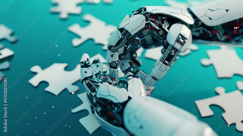 Poster close-up view of robotic hands meticulously assembling puzzle pieces on a teal surface. the image hi