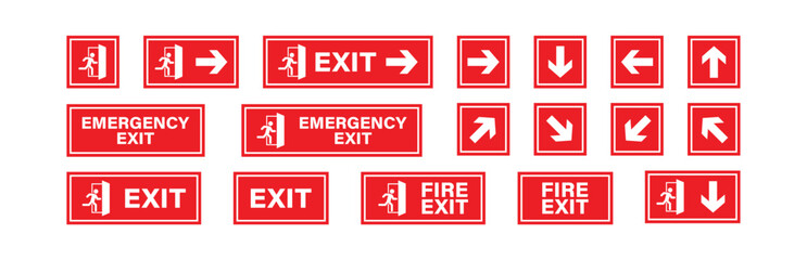 Emergency fire exit red sing with arrow icon. Escape door, icons of a running person. Isolated vector © M-KOS