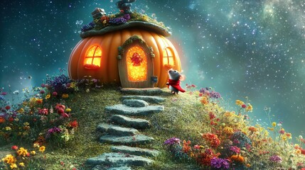 A tiny mouse with a red scarf exploring a fairytale pumpkin house perched on a small hill.
