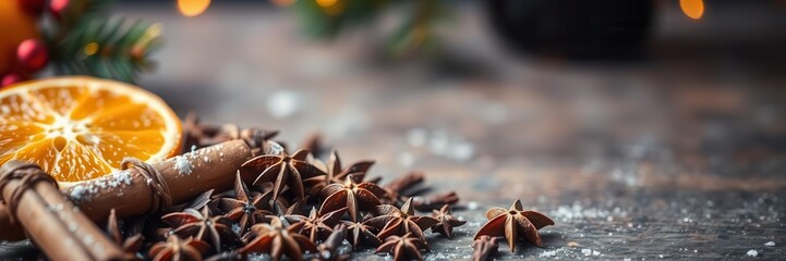 A cozy Christmas scene with a steaming pot of mulled wine surrounded by cinnamon sticks, cloves, and orange slices, orange, holiday