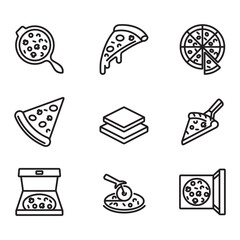 Pizza slice icon, whole pizza. Simple line style.