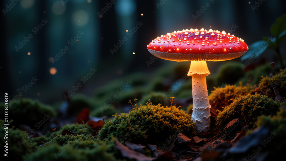 Poster a close-up view of a brightly lit mushroom with tiny sparks around it, set against a dark forest bac