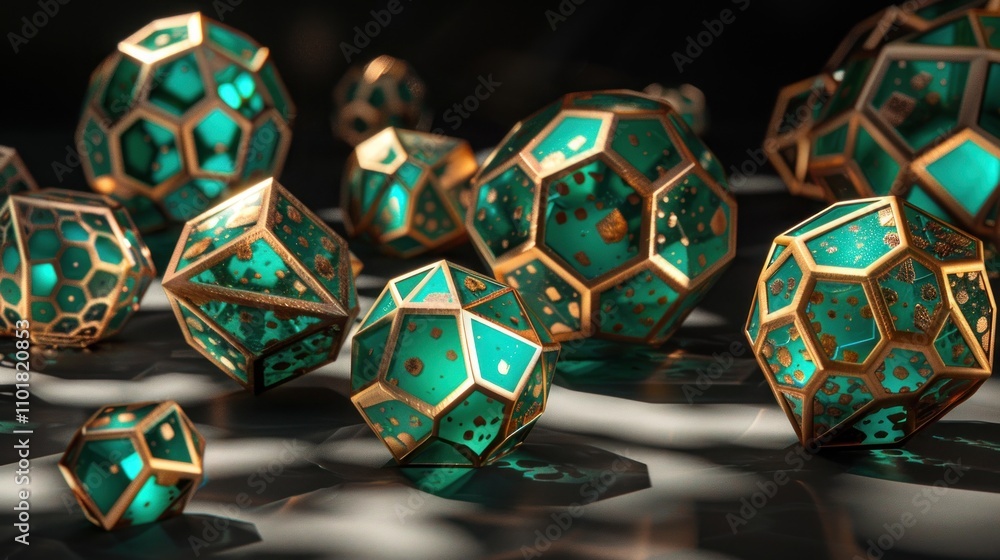 Poster a collection of intricate geometric shapes with a teal and gold color scheme.