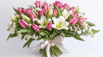 A romantic bouquet of pink tulips and white lilies, tied with a soft satin bow, against a white backdrop.
