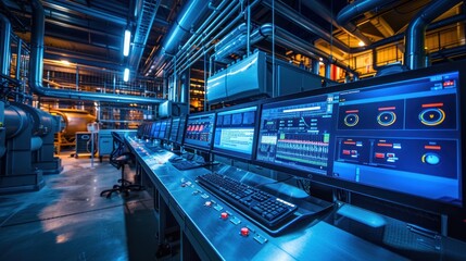 Fototapeta premium Control room with monitors displaying data and controls for industrial processes.