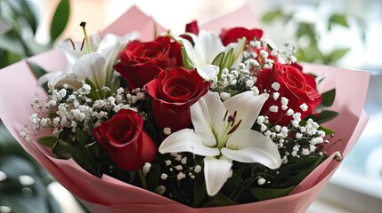 Fototapeta premium A romantic bouquet featuring red roses, white lilies, and baby's breath, wrapped in soft pink paper.