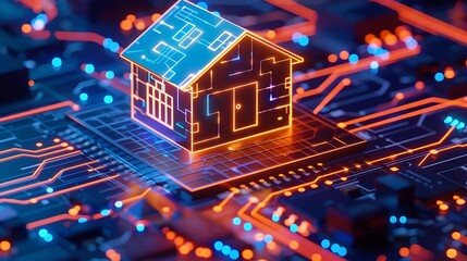 Obraz premium A digital house model on a circuit board, symbolizing smart home technology and innovation.