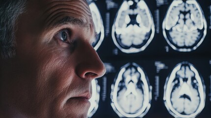 Naklejka premium Close front view of a doctora??s face as they study a brain MRI scan with intense concentration.
