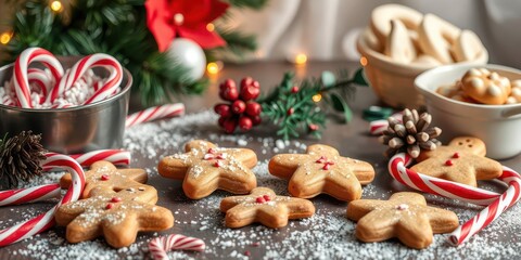 A festive Christmas baking background with assorted cookies, gingerbread men, candy canes, and sprinkles, candy canes, background