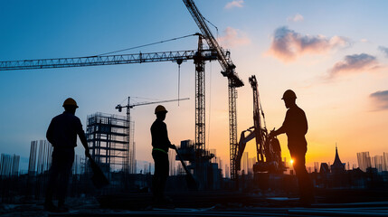 excavators digging at a construction site at sunset, with machine lines against the colorful sky, from a low angle to emphasize the scale and progress of the industry.