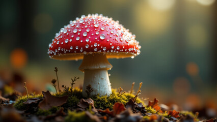 A close-up photograph of a red muscimol mushroom with raindrops on its cap.