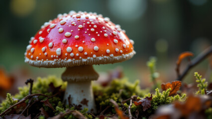 Fototapeta premium Close-up of a red muscimol mushroom with white spots on a forest floor.