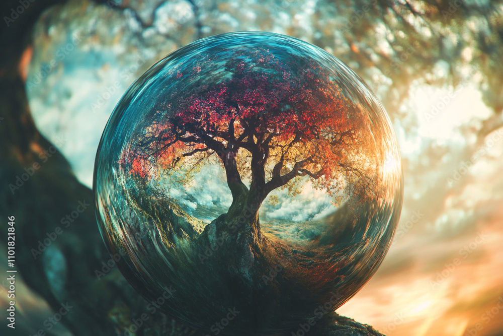 Poster A majestic tree with glowing leaves is encased inside a reflective sphere creating a dreamlike surreal atmosphere with warm golden light  
