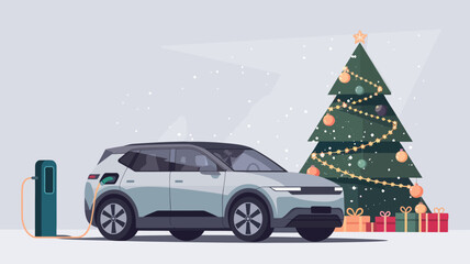 A modern electric vehicle (EV) parked near a festive Christmas tree, adorned with glowing fairy lights, ornaments, and a star at the top.