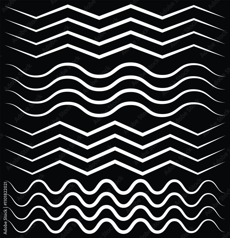 Poster set of wavy horizontal lines. regular black and white zigzag chevron pattern, seamless zig zag line 