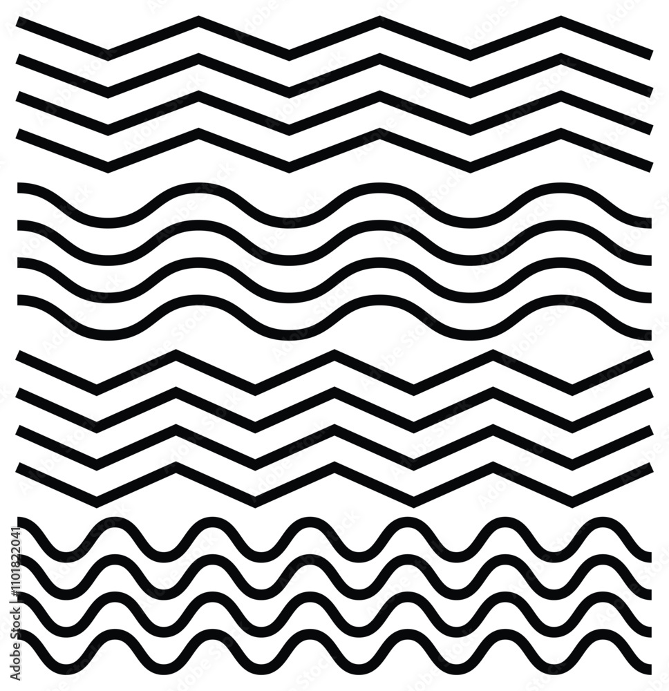 Poster set of wavy horizontal lines. wave line set. zigzag. vector black underlines, smooth end squiggly ho