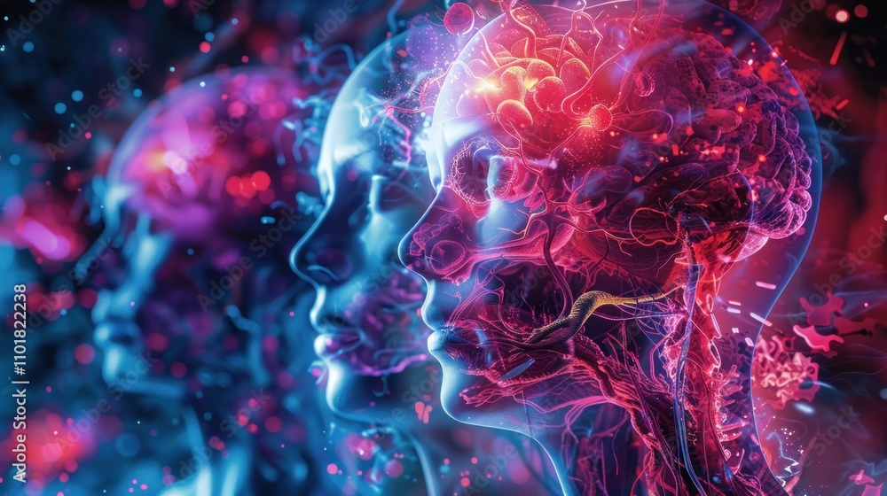 Poster abstract representation of human heads with neural and vascular elements in vibrant colors.