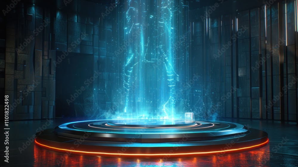 Poster a futuristic holographic display featuring a digital figure in a tech-inspired environment.