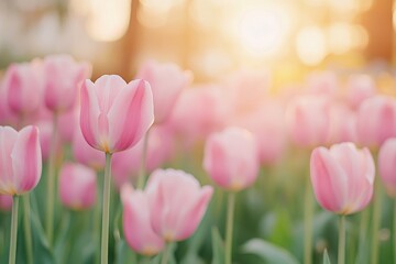 Obraz premium Blooming pink tulips in a vibrant field during sunset