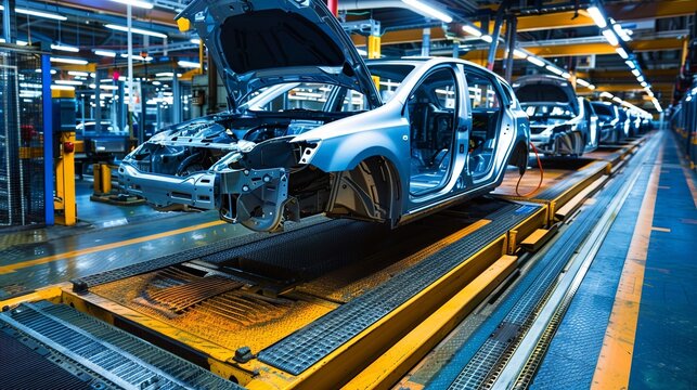 Production of Automobiles at the factory, modern technologies. 3D car factory concept: automated robot assembly line producing high-tech electric vehicles using green energy. 
