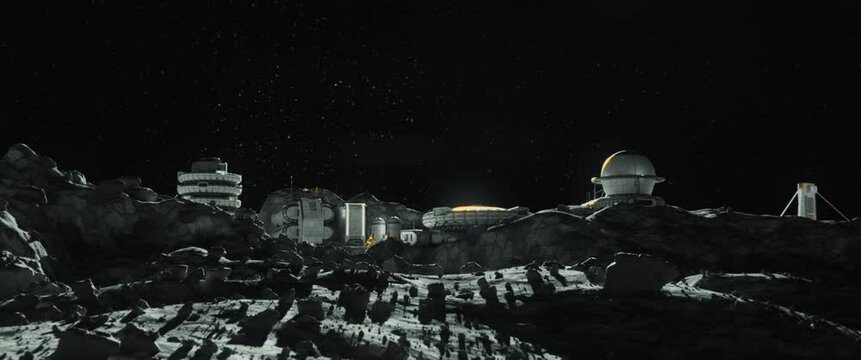 Moon surface with a lunar base on the horizon