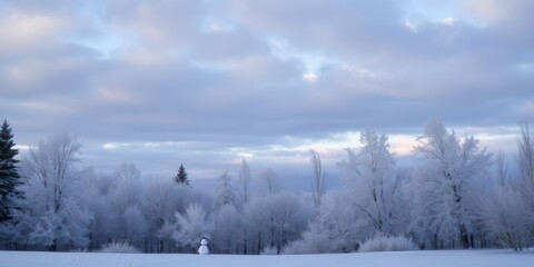 A snowman standing tall in a wintry landscape surrounded by snow-covered trees and a cloudy sky, seasonal, winter