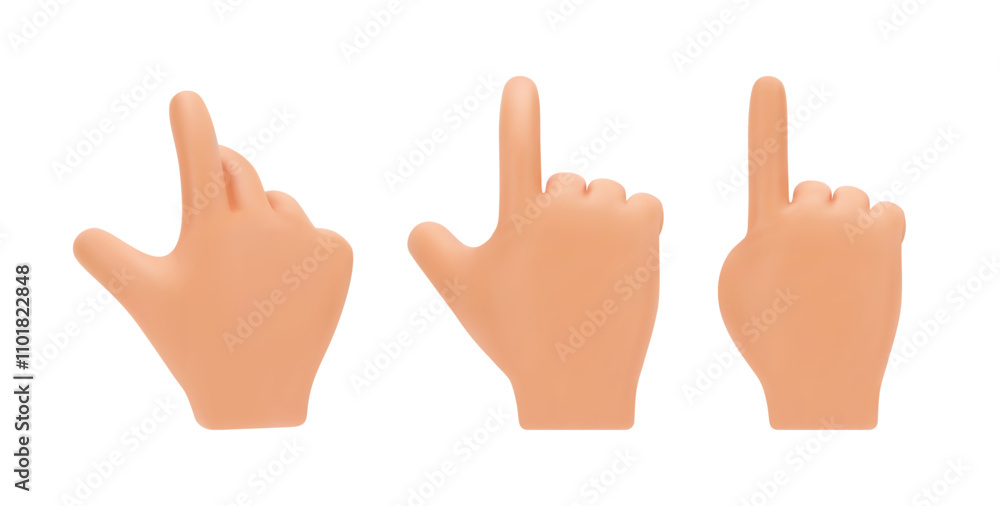 Poster Non verbal communication, isolated set of hands showing index finger and pointing up. Vector palm of person noting direction, realistic wrist of personage. 3D indication signs or gesturing