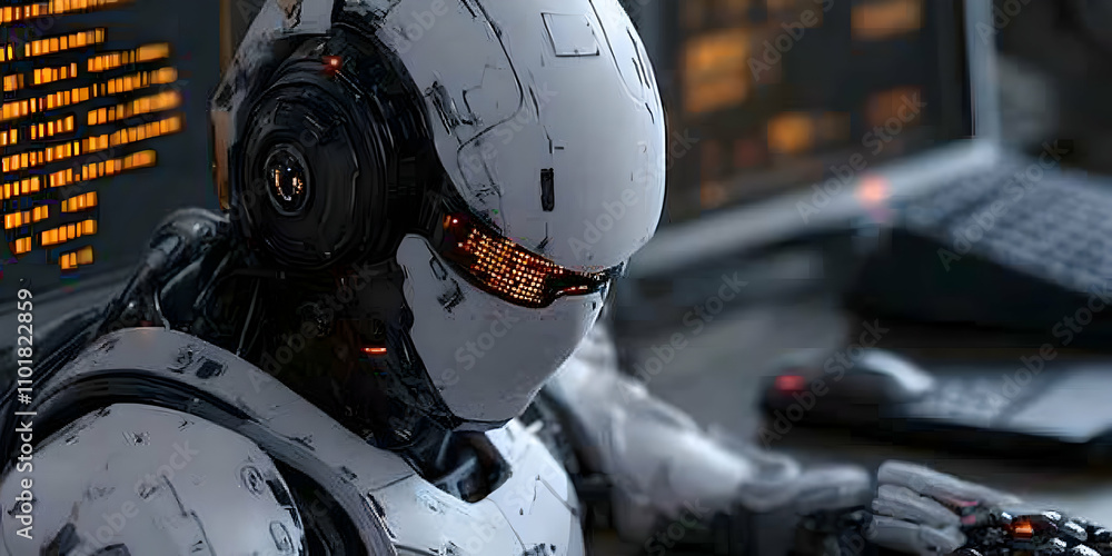 Poster cybernetic robot, analyzing code in a digital world