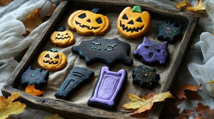 A tray of Halloween-themed cookies, featuring classic shapes like lanterns, coffins, and black cats, each styled with colorful sprinkles and edible glitter. 