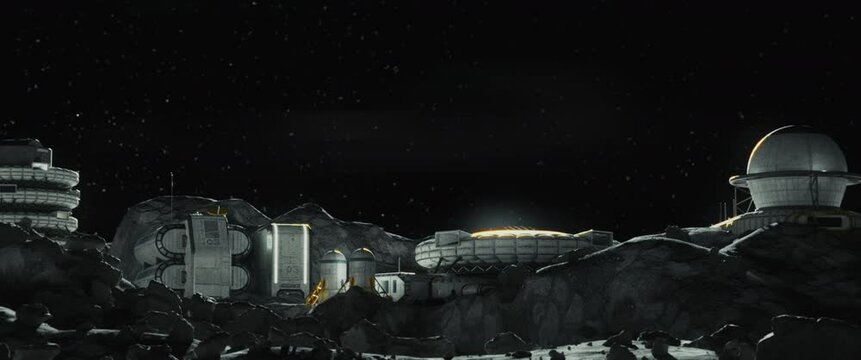 Moon surface with a lunar base on the horizon