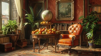 A cozy room with a globe, fruit bowl, and plants, evoking a scholarly atmosphere.