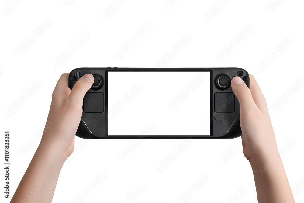 Poster Flat lay or front view of hands holding a black handheld gaming console with isolated screen and transparent background