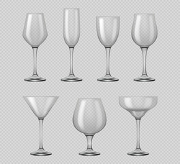 Glasses of champagne, wine and martini drinks on transparent background in realistic design. Vector wine glasses for bar alcohol drinks, goblets for beer and margarita, whiskey party glass